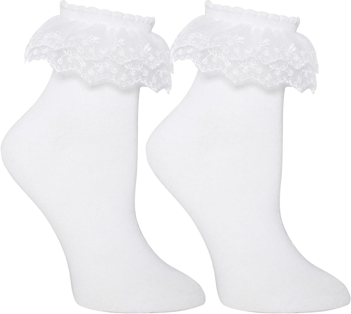 Sokken Dames - Kousen Kant - Dagelijks Gebruik - Dubbele Ruche Rand - One Size - Wit Zwart
