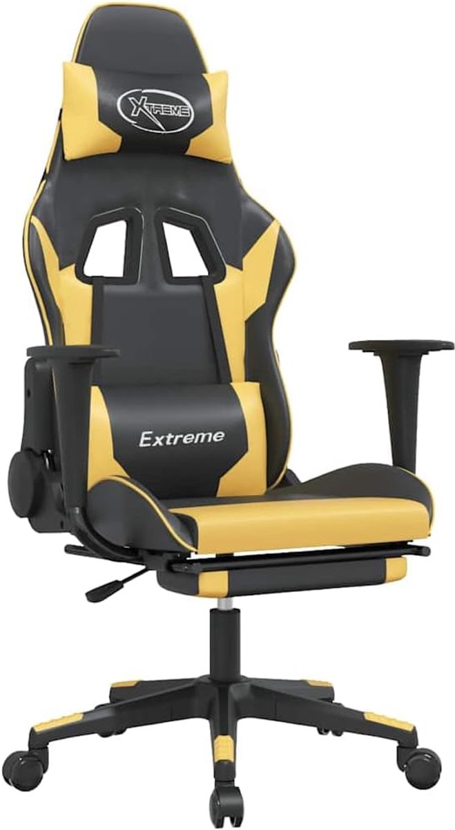 Gamingstoel met massagefunctie en voetensteun, verstelbare rugleuning, 360 graden rotatie van kunstleer in zwart/goud — afbeelding 4