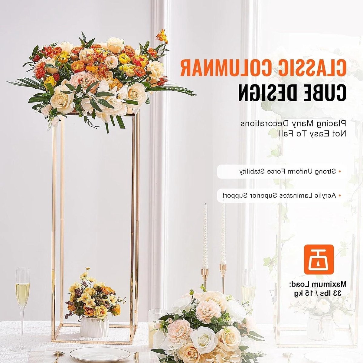 2PCS Wedding Flower Stand Set 80cm High Acrylic Laminate Metal Vase Column Geometric Centerpiece Stands for Weddings and Events