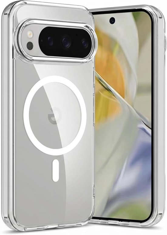 Étui de téléphone transparent avec un design MagSafe circulaire, protégeant un smartphone.
