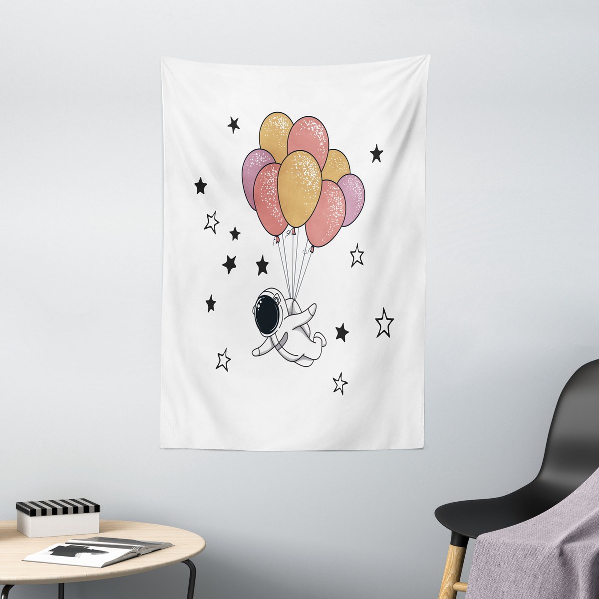 ABAKUHAUS Fantasietapijt, Astronaut met Ballonnen, Woonkamer Slaapkamer Wanddoek Zijdezacht Satijn Wandtapijt, 100 x 150 cm, Meerkleurig Witte Multicolor