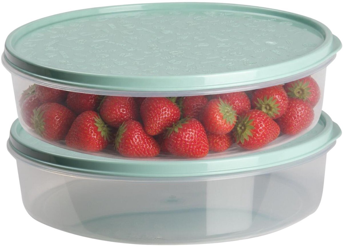 Plasticforte vershoudbakje rond - 2x stuks - 2 liter - herbruikbaar - transparant/groen - kunststof - magnetron - vriezer