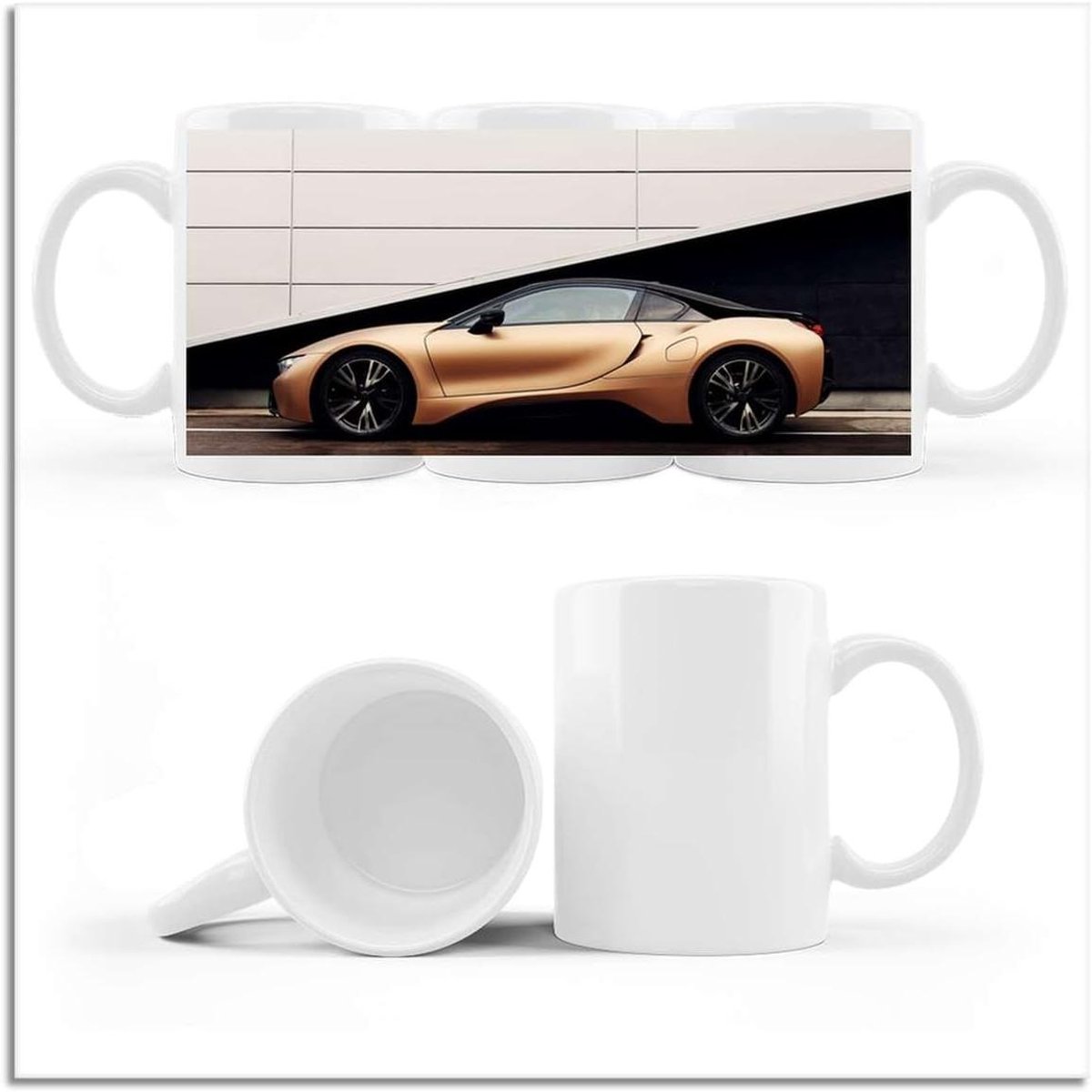 Koffie Thee Mok - Beker Keramiek - Drinken Warme Drank - Bedrukt Met Auto - 330 ml - Wit