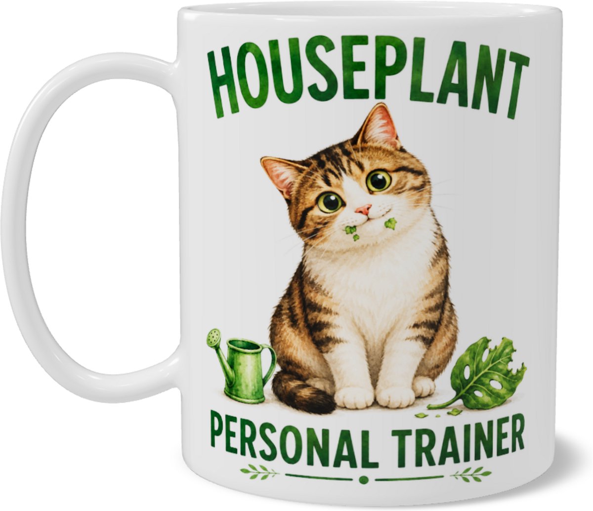 Koffiemok met Kat Houseplant Personal Trainer - Grappige Planten Katten Mok - Cadeau voor Plantenliefhebbers en Diervrienden - 330 ml