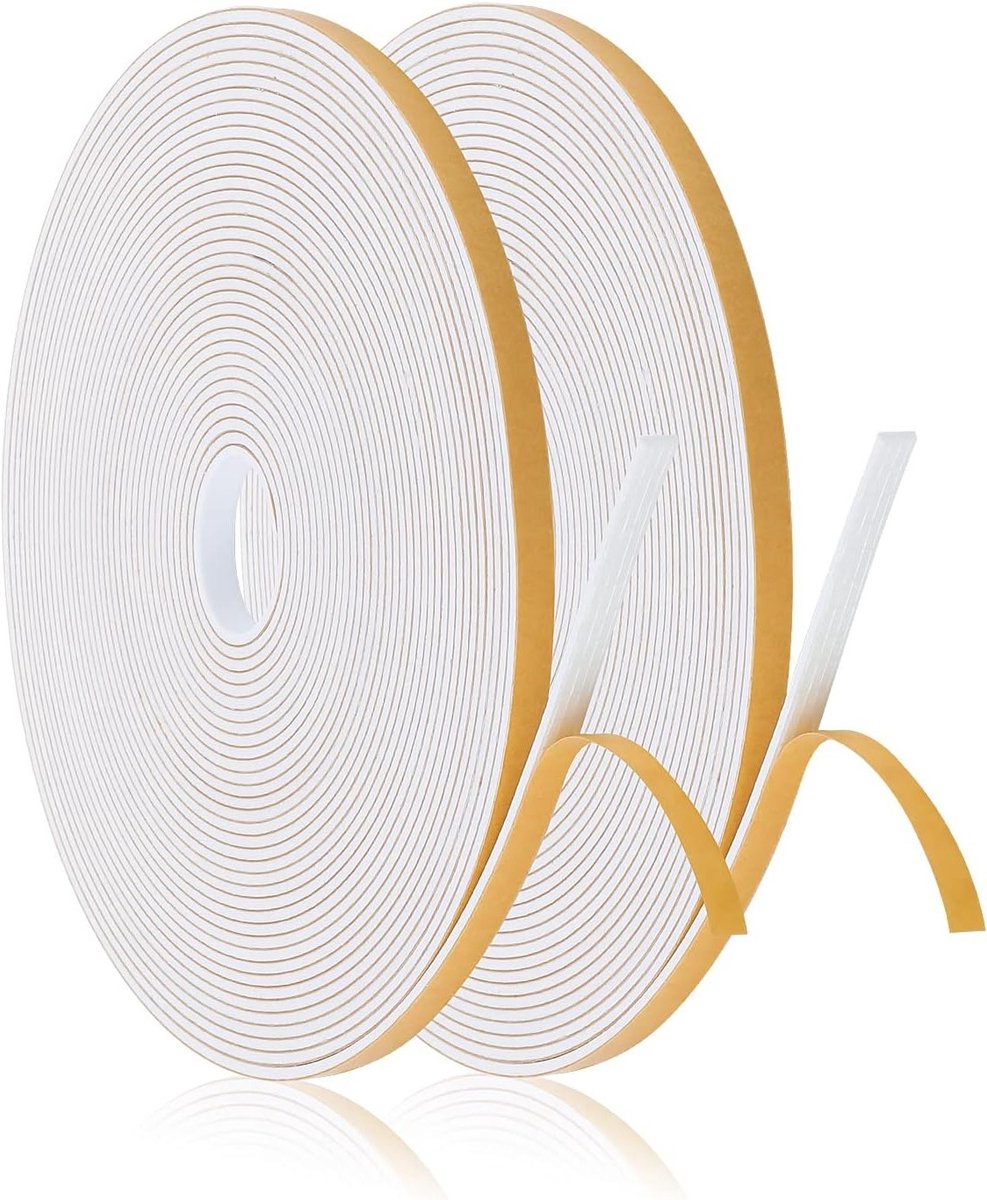 Dichtingstape voor ramen en deuren, 2 rollen, 6mm x 1.5mm, tochtwerend, sterk plakband voor airconditioners en anti-botsingen (10m lang per rol), wit