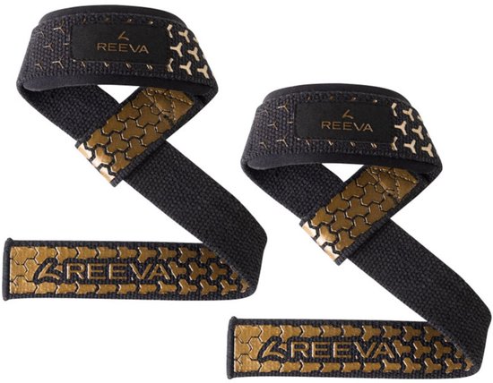 Gouden lifting straps met honingraatpatroon, zwart textiel en logo.