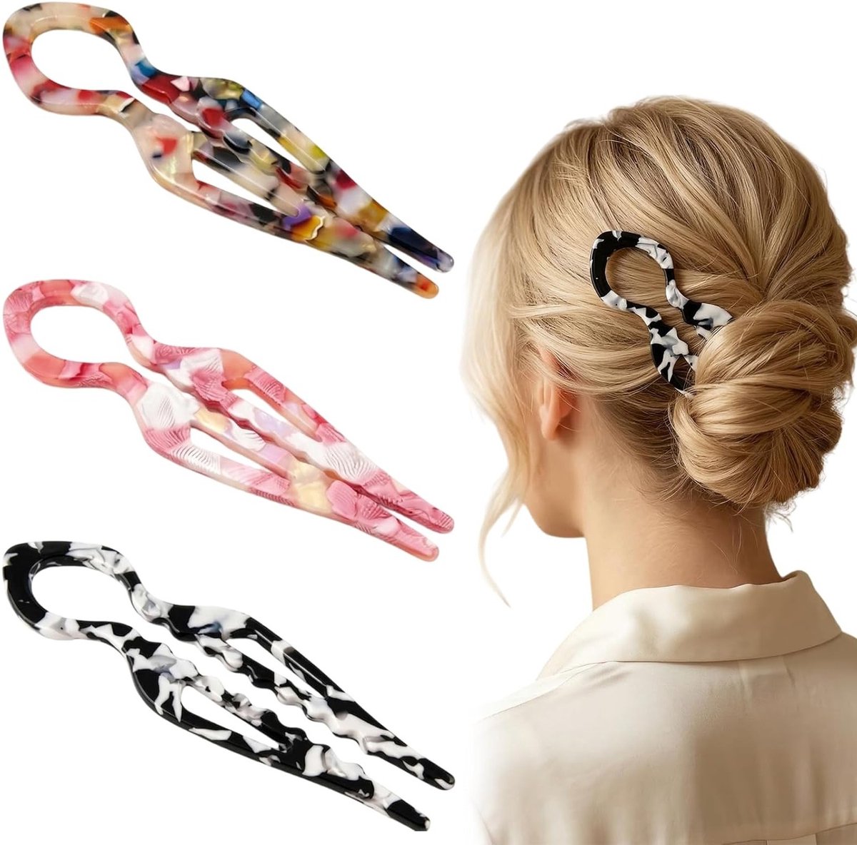 Elegante Haarnadels in Zwart-Wit en Roze met Bloemenpatroon - Set van 3 voor Dames met Alle Haartypes