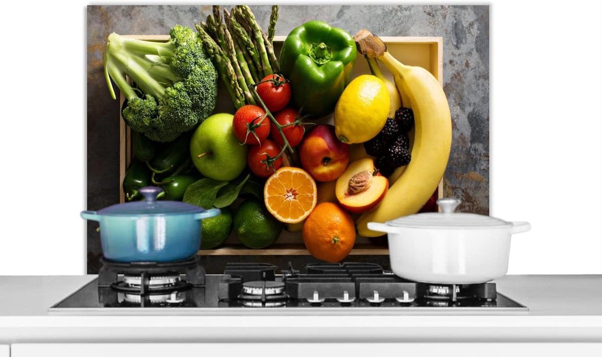 Spatscherm Keuken - 80x55 cm - Krat - Fruit - Regenboog