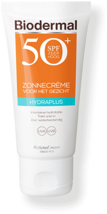 Biodermal SPF 50+ Zonnecrème Hydraplus voor het gezicht in witte tube met oranje en blauwe accenten.
