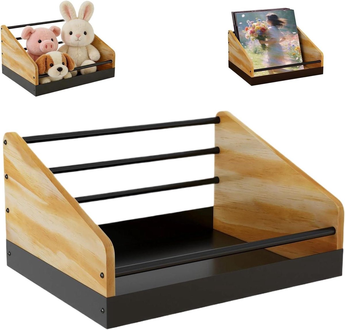 Platen Opslag - LP Houder - Muziek Presenteren - Stabiel Metalen Frame - 38 cm Breed - Houtkleur