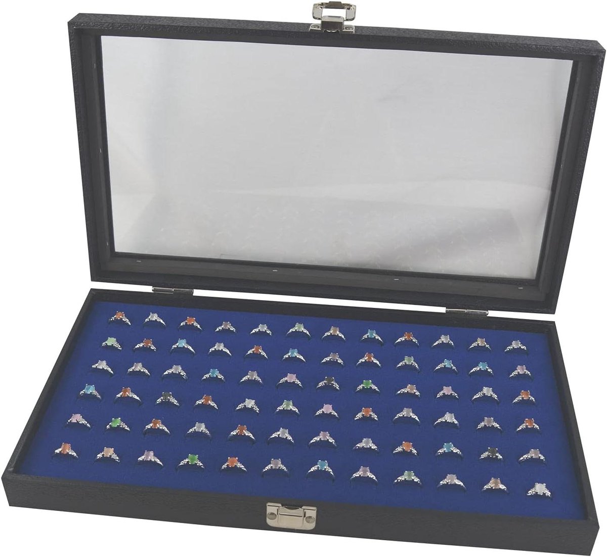 Sieraden Display - Ring Organizer - Sieraden Presenteren - Glazen Deksel - 72 Ringen - Blauw