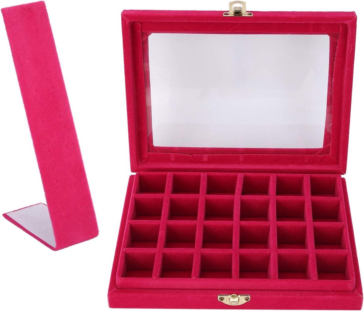 Sieraden Opbergdoos - Juwelendoosje Organizer - Sieraden Ordenen - 24 Afzonderlijke Rasters - 20 x 15 x 3.5 cm - Rood