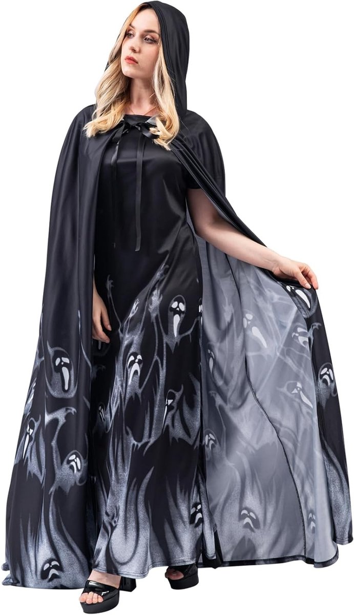 Spookachtige Halloween Kostuum voor Dames, Lange Jurk met Cape en Kap, Perfect voor Cosplay en Feestjes, Middeleeuwse Stijl, Vampier en Heks Thema