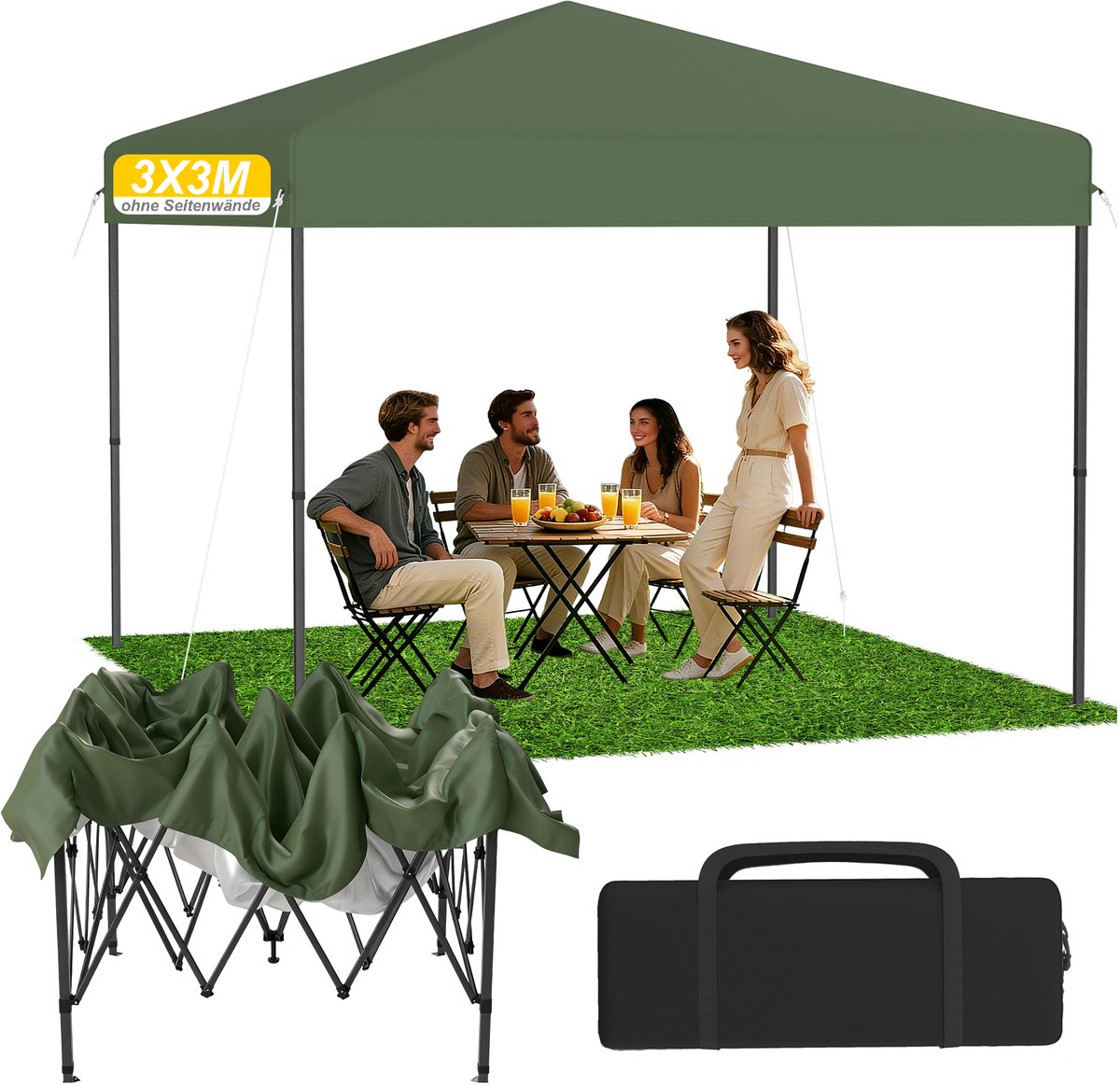Froadp Groene 3x3 m pop-up partytent, inklapbare overkapping met snelle opzetfunctie (één druk op de knop), waterdicht & UV-bestendig, zonder zijpanelen, inclusief draagtas & grondpennen