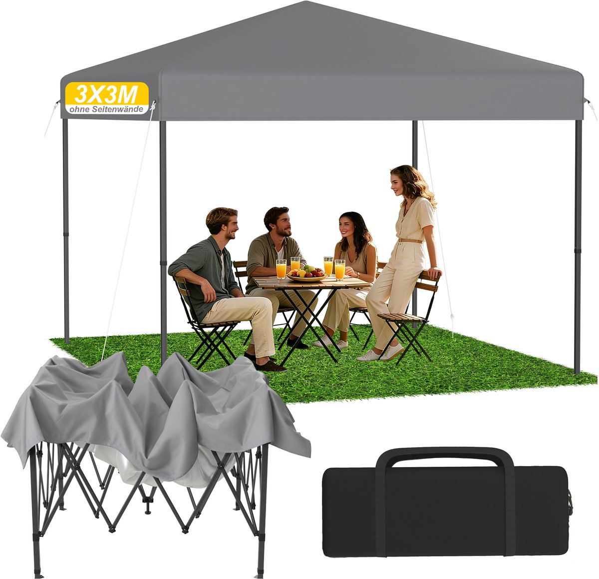 Froadp Zilveren 3x3 m pop-up partytent, inklapbare overkapping met snelle opzetfunctie (één druk op de knop), waterdicht & UV-bestendig, zonder zijpanelen, inclusief draagtas & grondpennen