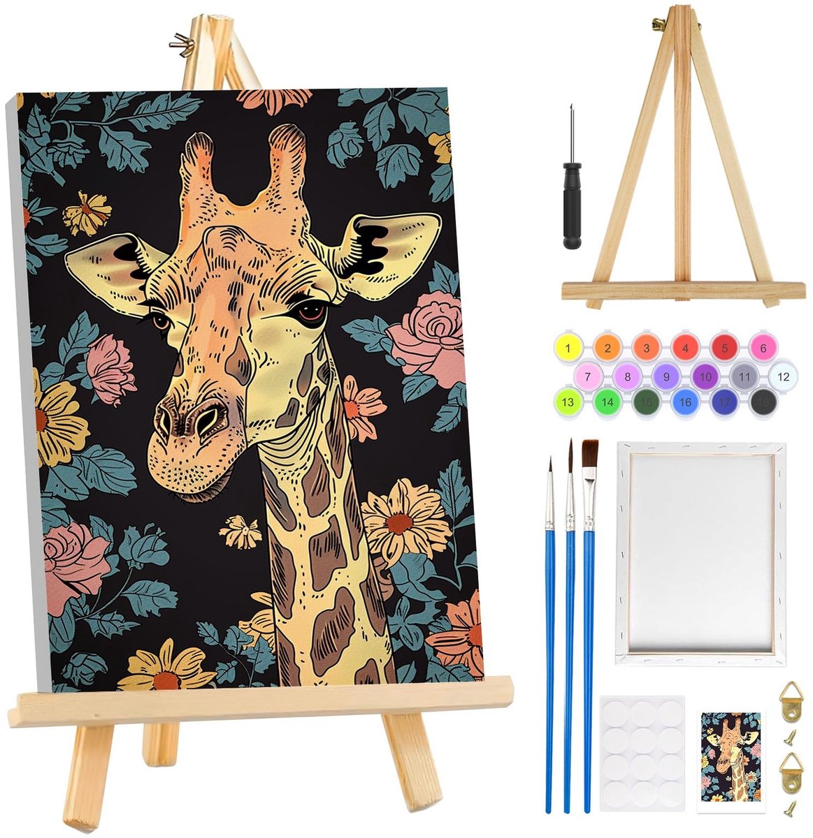 Dailygoods - Verf op Nummer Set voor Volwassenen met Giraf en Houten Ezel