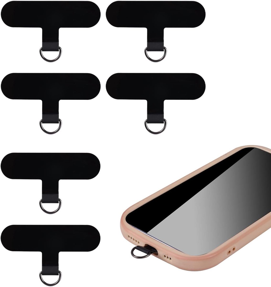 6-delige Telefoon Tether Tabs Set, Multifunctionele Crossbody Telefoon Lanyard en Patch Pad voor Smartphones - Zwart, Handig en Duurzaam