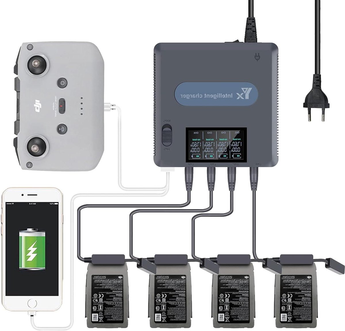Acculader Drone - Laadstation Hub - Batterijen Opladen - LCD Display Status - 6-in-1 - Zwart