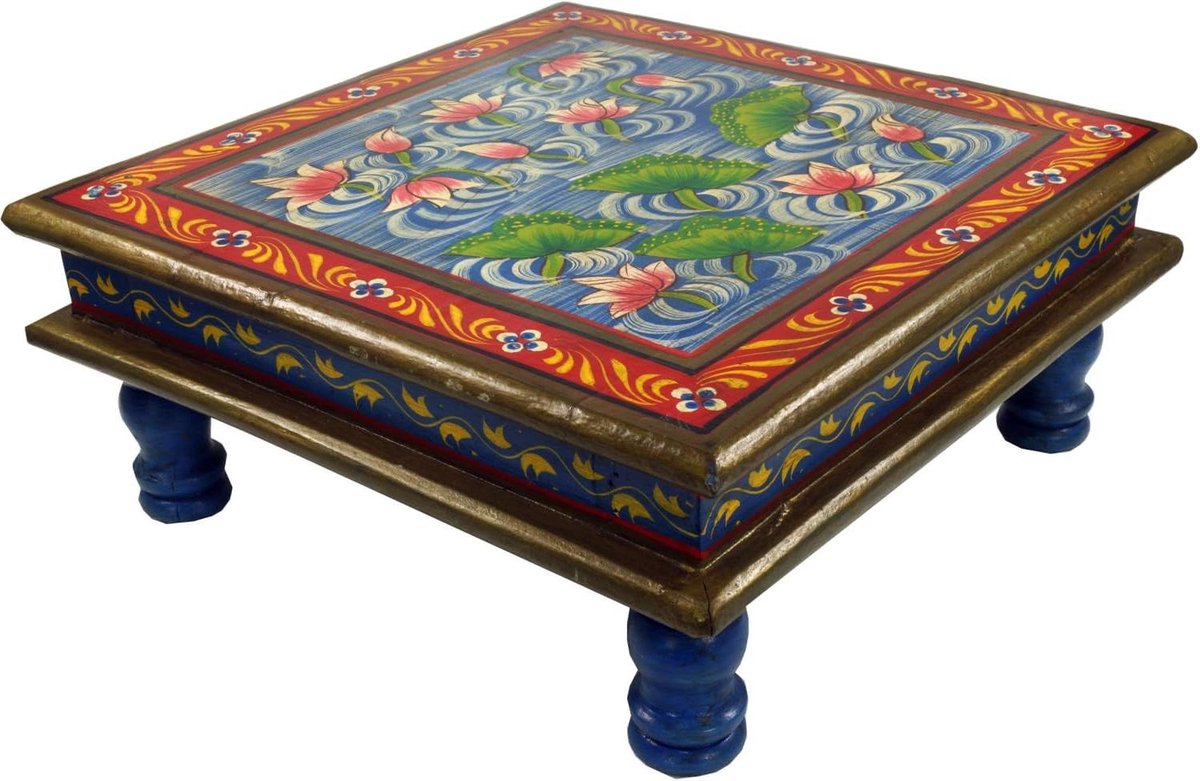 Kleine Houten Tafel - Minitafel Bloemenbankje - Decoratief Gebruik - Met de hand beschilderd - 16x38x38 cm - Waterlelie Blauw/Rood