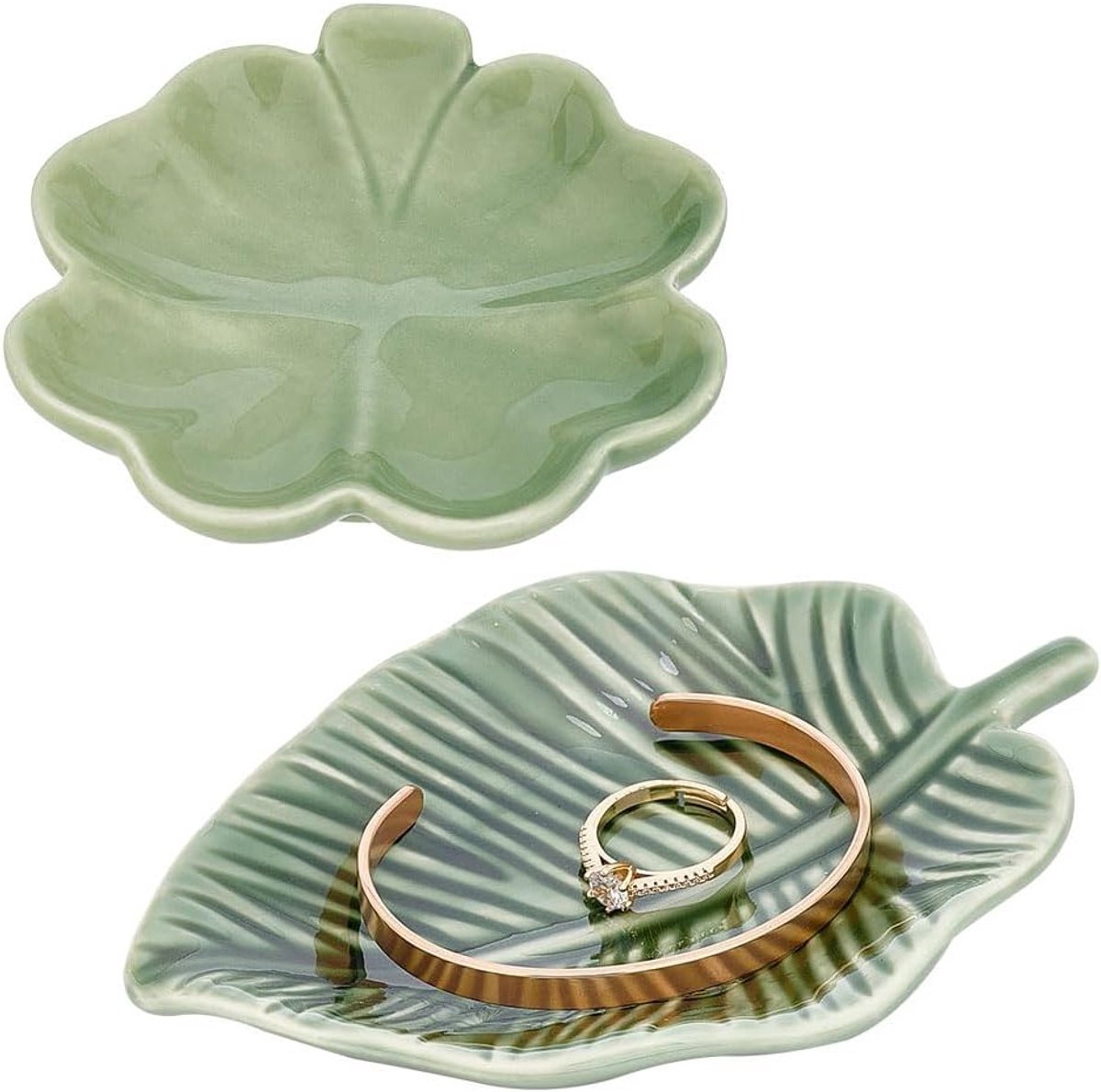 Set van 2 Groene Bladvormige Sieradenopbergschalen van Porselein, Perfect voor Accessoires en Decoratie, 0.8-0.9 inch