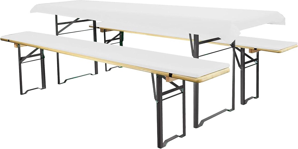 Biertafel Kussenset - Bankkussens Tafelkleed - Feestelijke Evenementen - Praktische Elastieken - 220x25 cm 240x90 cm - Wit