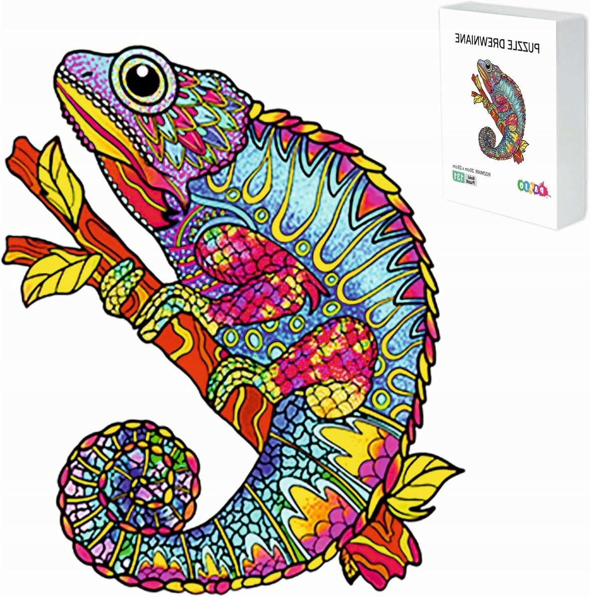 Houten Puzzel Kameleon - Dierenpuzzel Hout - Ontspannende Hobby - Unieke Vormstukken - 25 x 20 cm - Kameleon