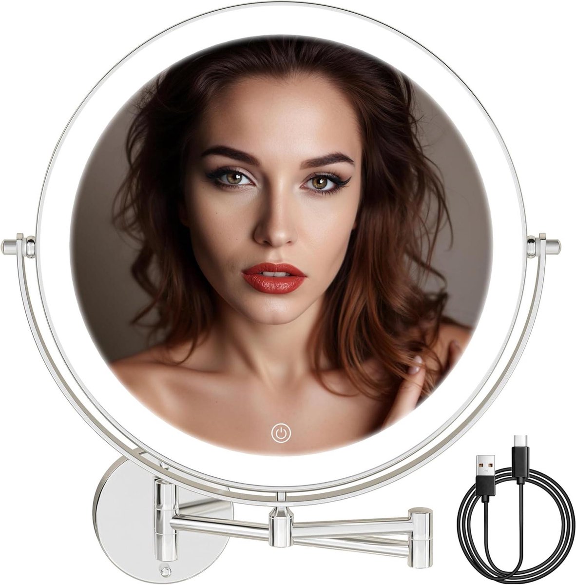 Make-upspiegel met Licht - Vergrotende Spiegel Wandmontage - Make-up Aanbrengen - 3 Kleurlichten Instelbaar - 10 inch - Chroom