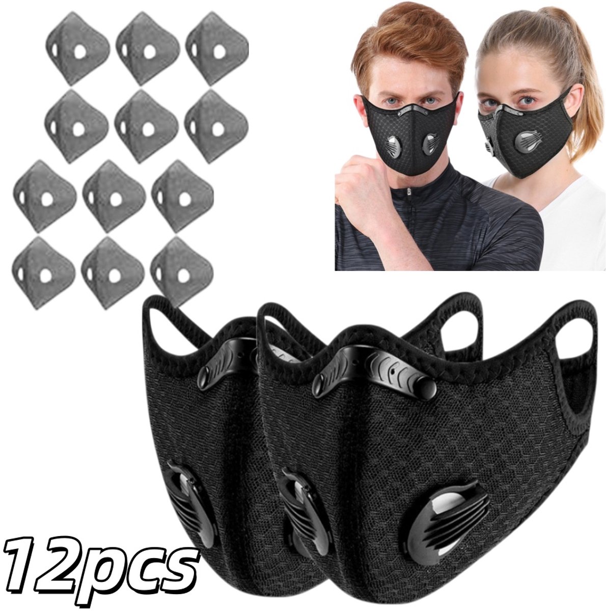 2+12 Stuks Fietsfiltermasker (2 maskers + 12 filters) - Inclusief actief koolstoffilter -