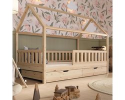 Kinderbed met lades - Huisbed peuterbed - Veilige slaapruimte - Massief grenenhout - 200x100 cm - Natuurlijk hout