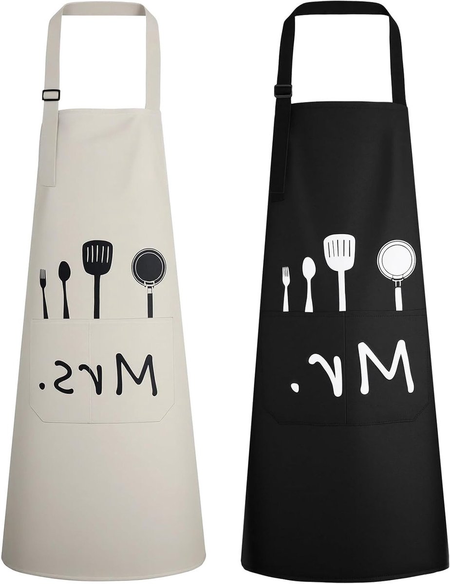 Set van 2 Mr en Mrs Schorten - Verstelbaar Bib Schort met 2 Zakjes, Waterafstotend Keukenschort voor Thuisgebruik en Koken