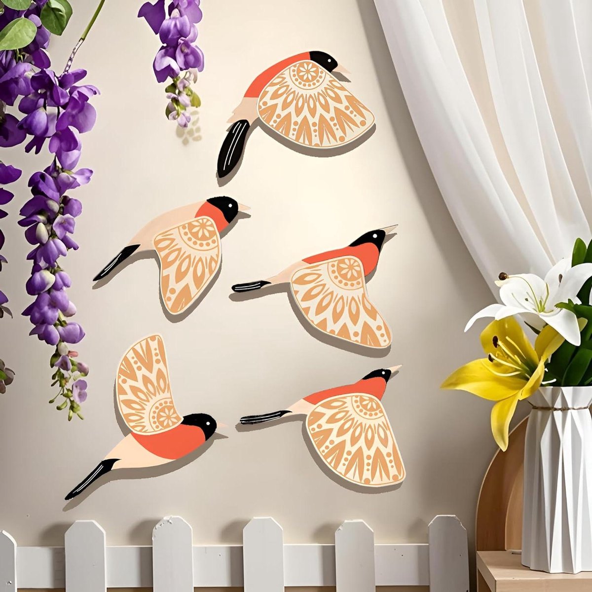 Houten Wanddecoratie Vogels - Muurkunst Set - Bohemian Interieur - 5 Delige Set - 15-20 cm - Oranje