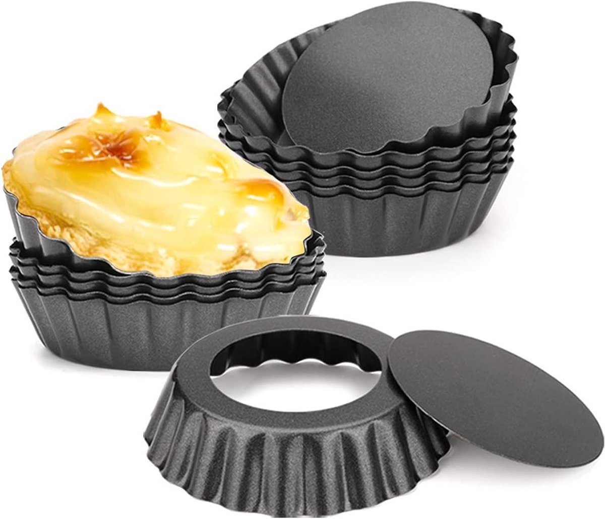 Taartvormpjes Mini - Quiche Bakvorm - Desserts Bakken - Uitneembare Bodem - 12 stuks 7.5 cm - Zwart