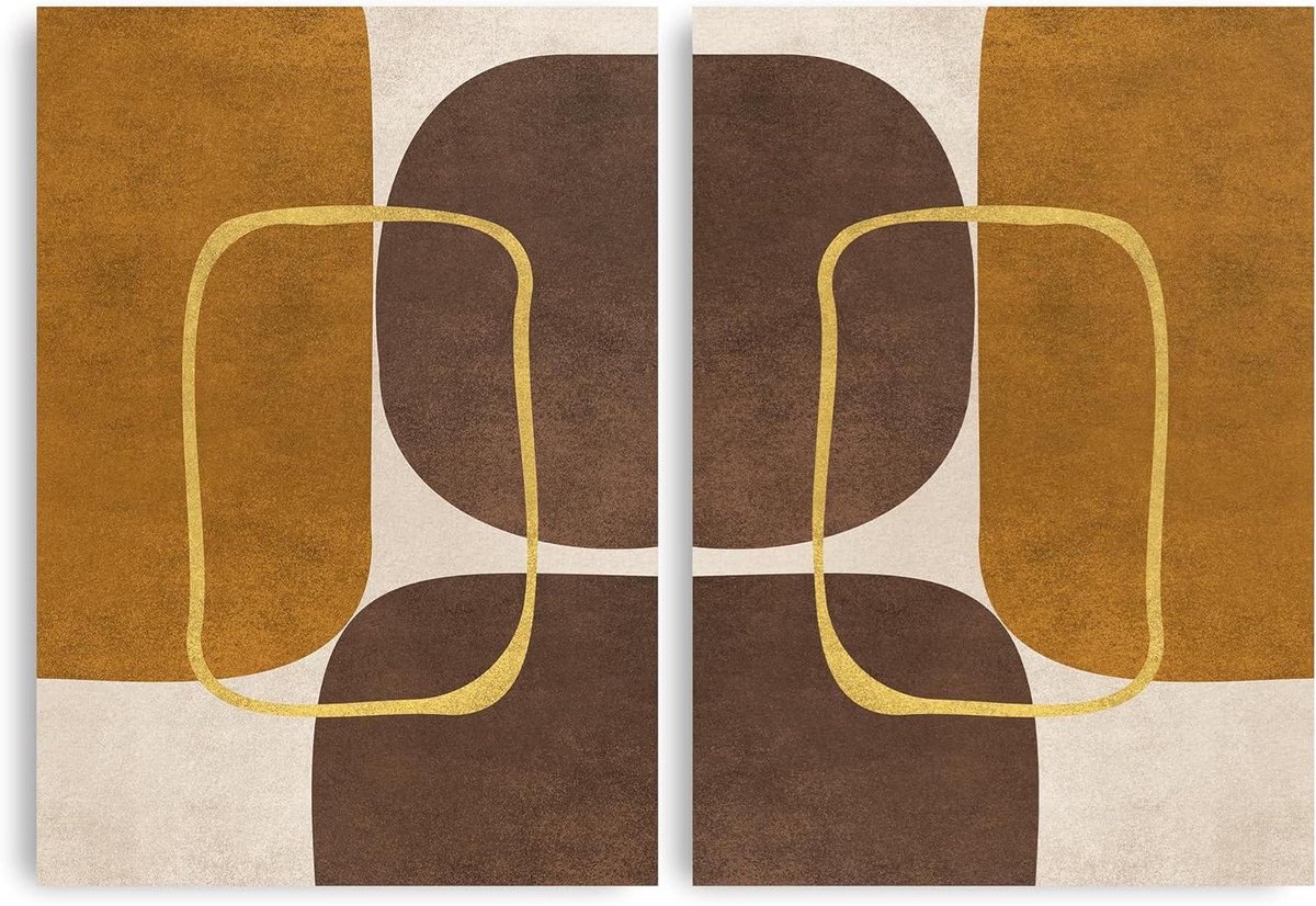 Kunstdruk Set - Abstracte Prints - Muurdecoratie Woonkamer - Geometrisch Midden Eeuw - A2 Formaat - Bruin