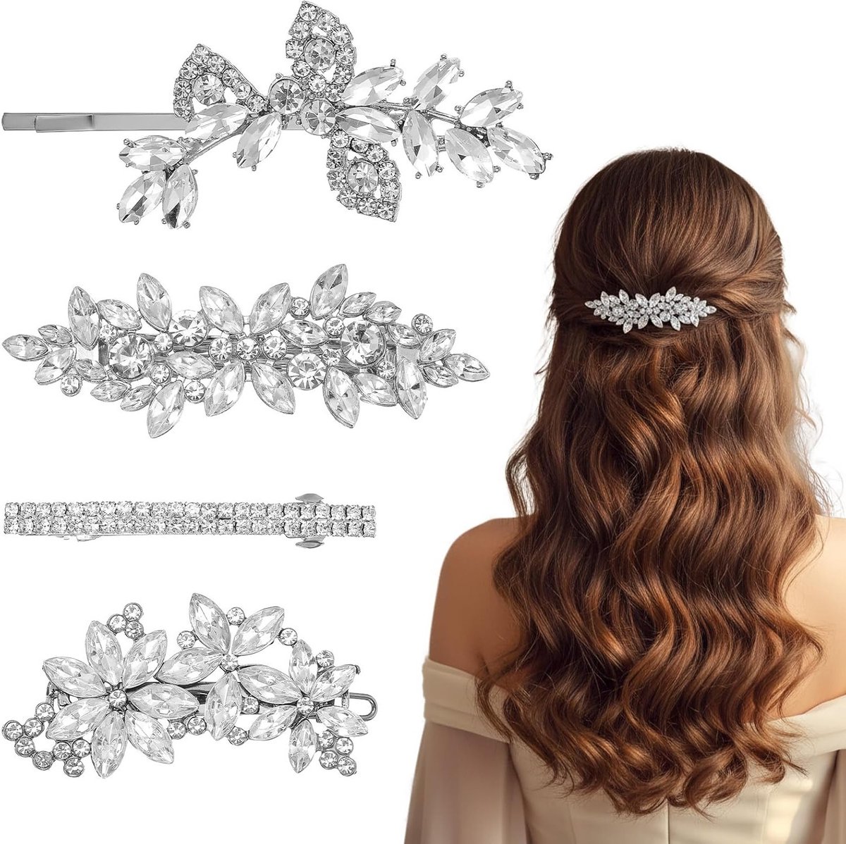 Elegante Haarspeldjes met Zilver en Strass voor Bruidsaccessoires - Bloem en Blad Design, Perfect voor Bruiden en Bruidsmeisjes