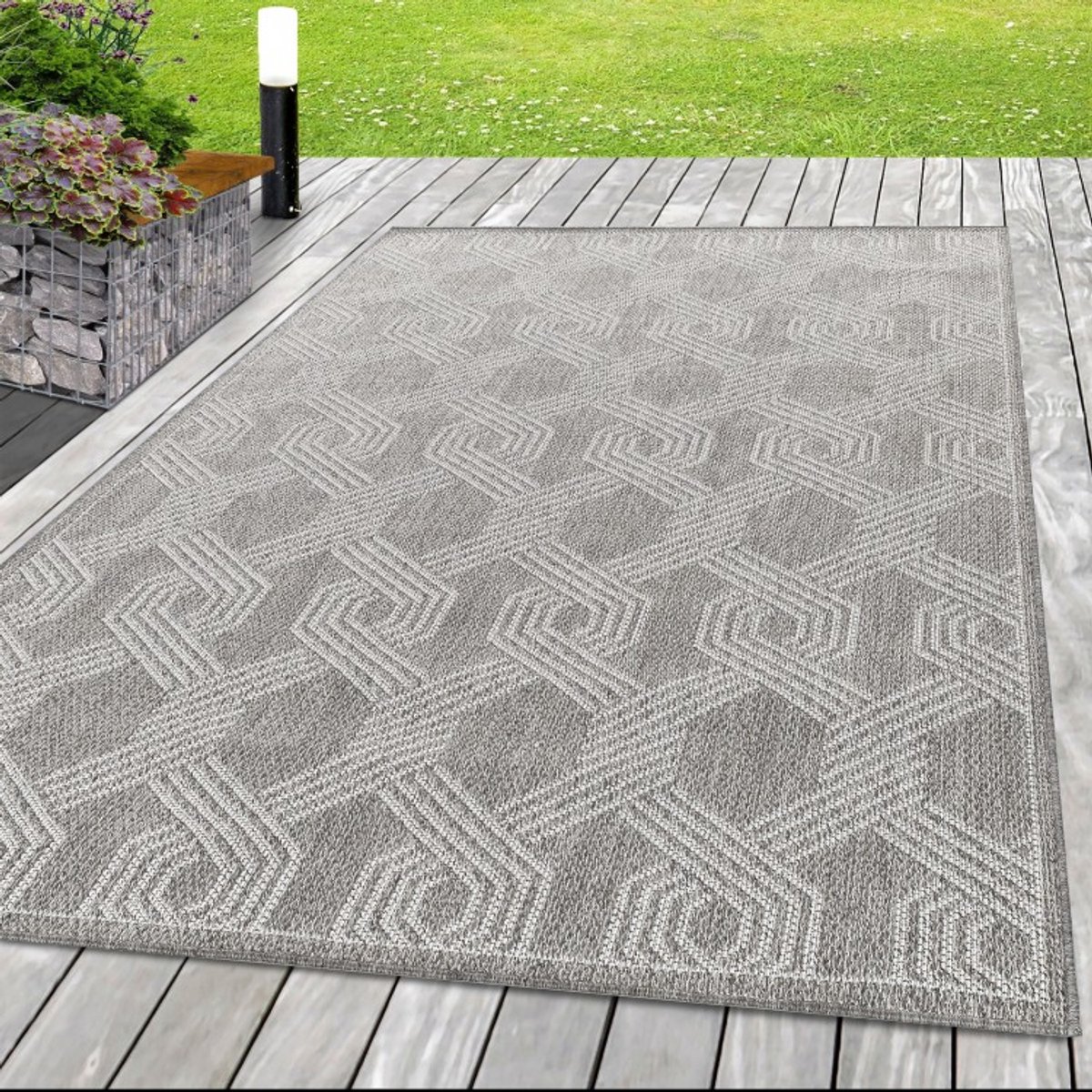 Buitenkleed met geometrisch patroon, grijs, voor keuken en balkon, UV-bestendig. 160x230 cm