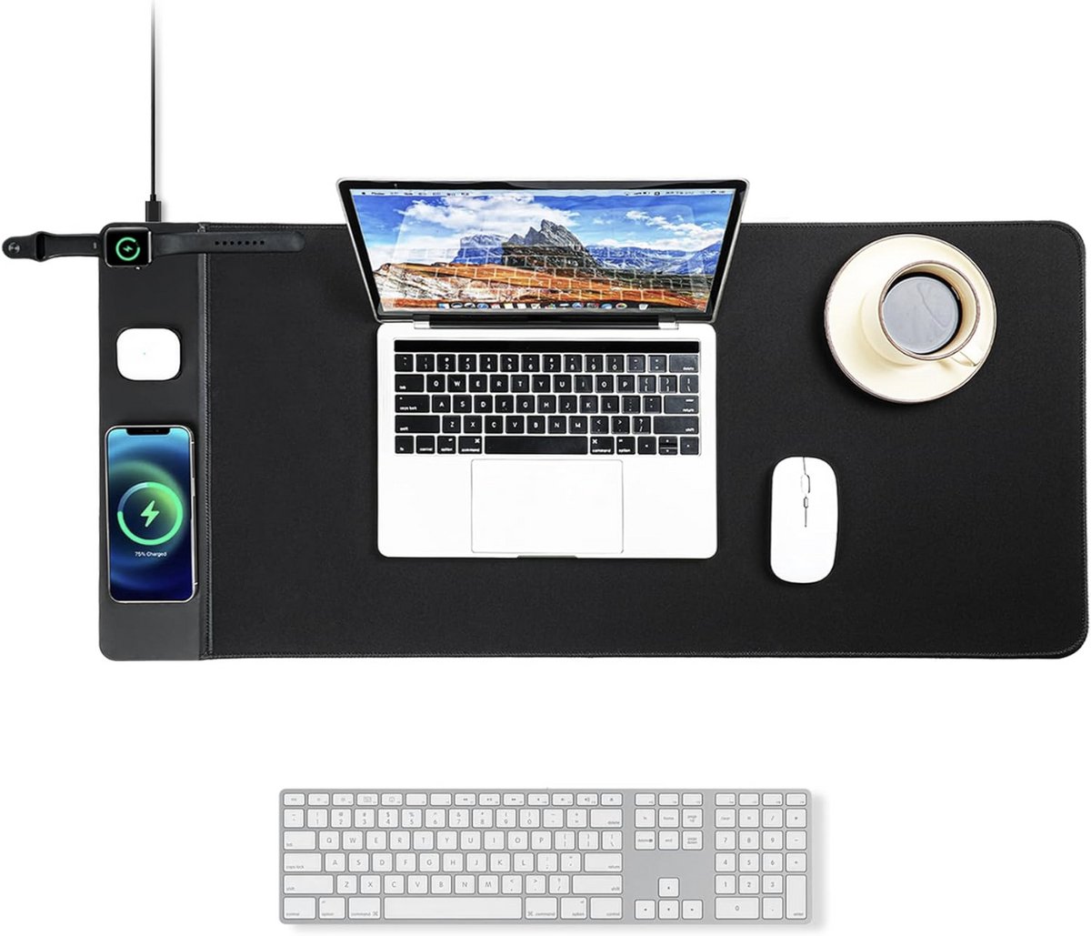Wireless Charging Mouse Mat 15 W, Waterproof Gaming Mouse Mat with Ultra Smooth Surface, Non-Slip Base, XXL Large Desk Mat, 90 x 40 cm, Classic Black Desk for MacBook, Laptop