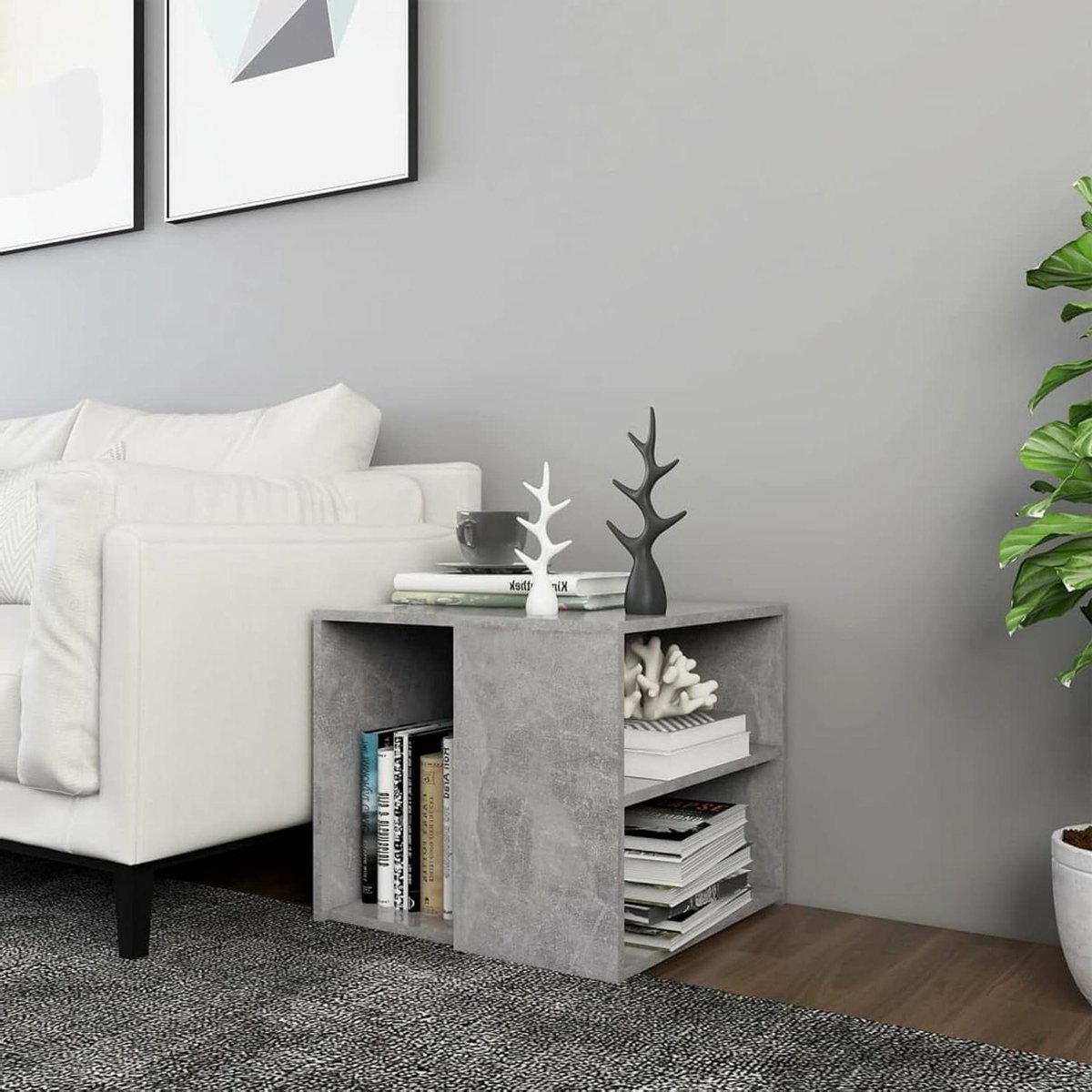Salontafel - Bijzettafel Hoektafel - Opbergen Decoreren - Drie Opbergplanken - 50 x 50 x 45 cm - Cementgrijs