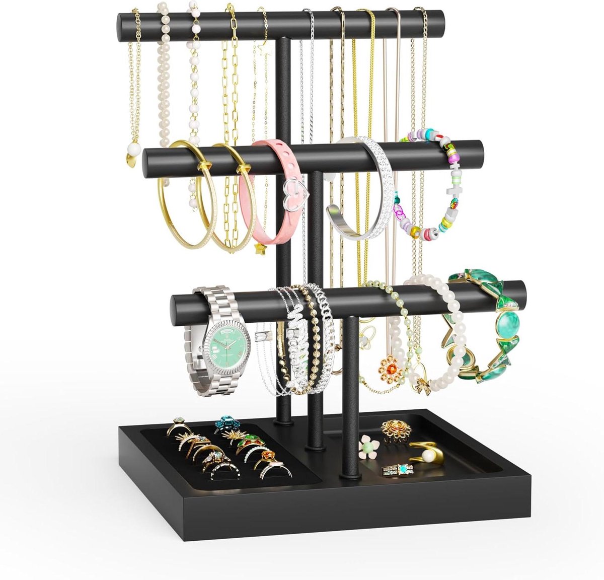 Sieradenhouder T-Bar - Armbanden Display - Sieraden Organiseren - Drie Niveaus - 30 cm Hoog - Zwart