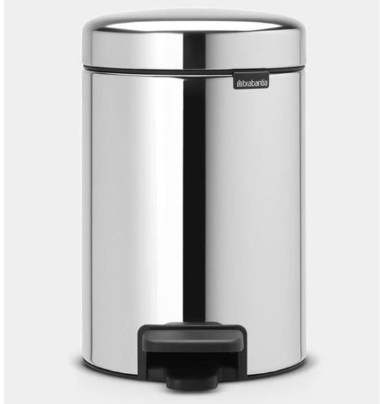 Brabantia NewIcon prullenbak, 3L, briljant staal, met zwart voetpedaal.