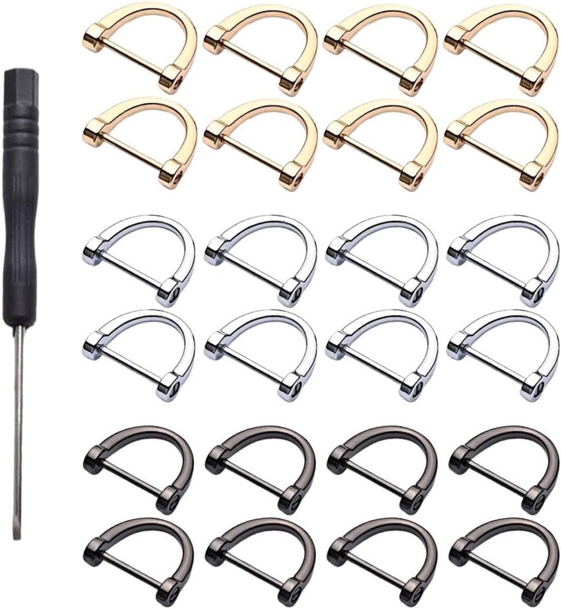 24-delige D-ring set met schroef voor rugzakken, sleutelhangers en tasaccessoires - afneembare D-ringen met sluitclips voor buckles
