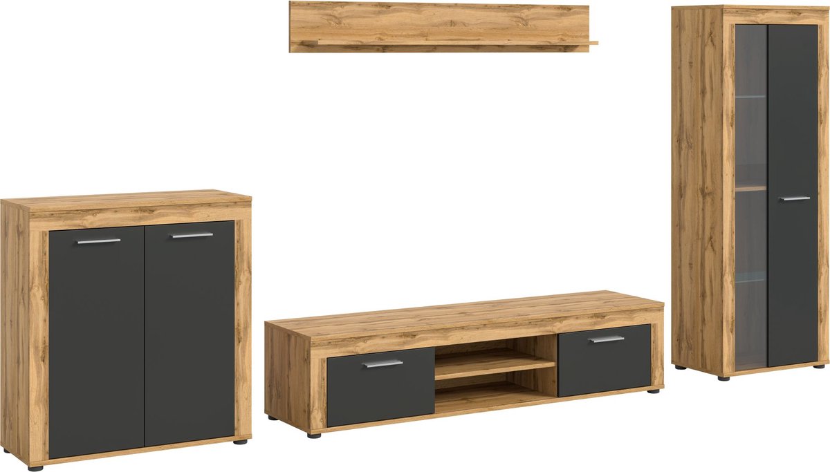 Jam wandkast J6 systeem grijs, eiken decor.