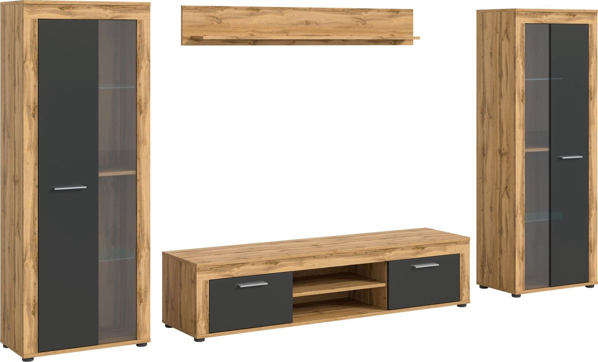 Jam wandkast J4 systeem grijs, eiken decor.