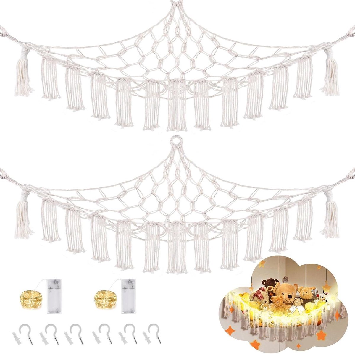 Knuffel Hangmat - Speelgoed Net - Opbergen Knuffels - Met LED-licht - 1016 x 1499 cm - Wit