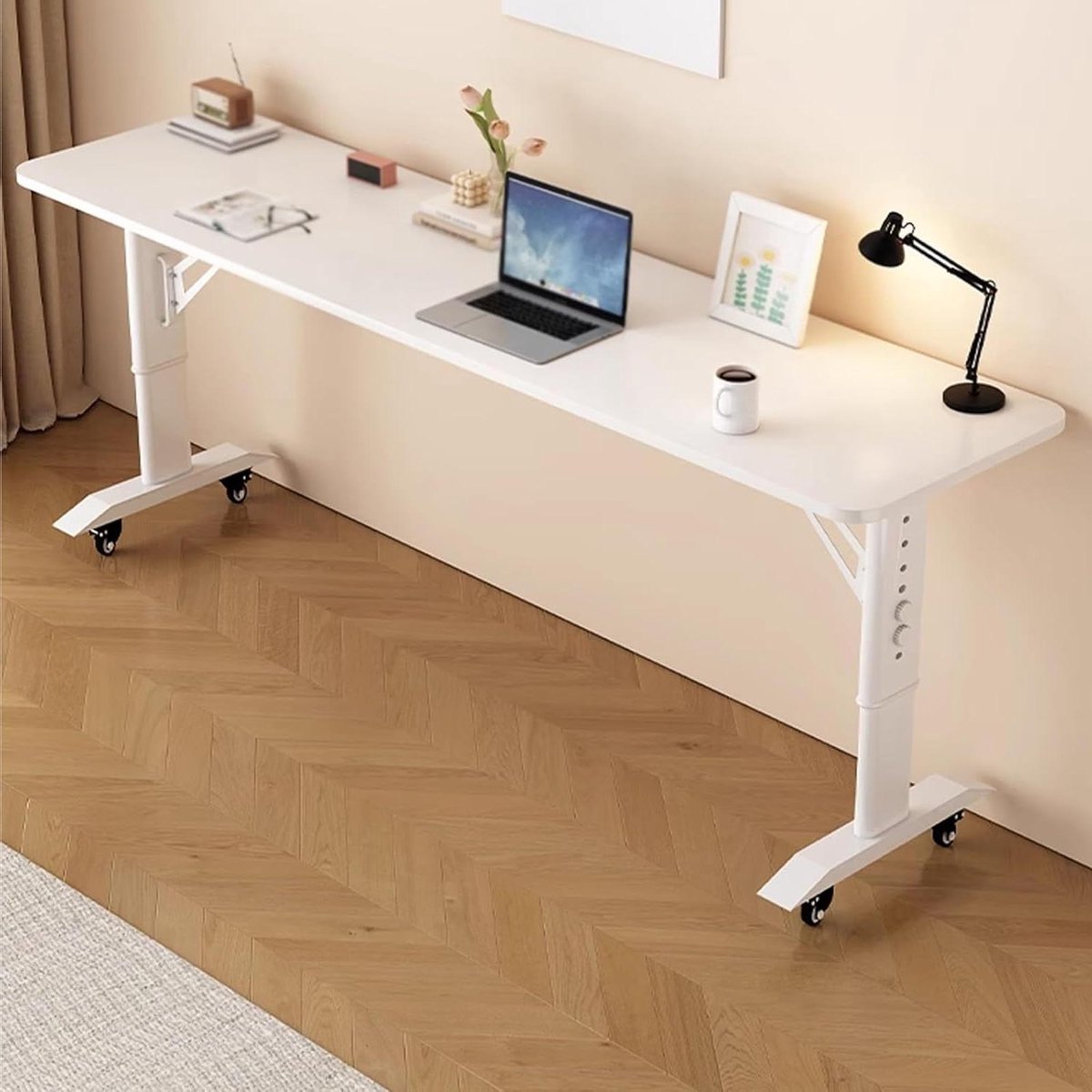Overbedtafel met wielen - Bedtafel laptoptafel - Werken en eten in bed - Verstelbaar in hoogte - 120x40cm - Wit