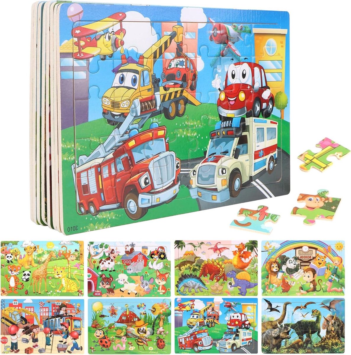 Houten Puzzel Kinderen - Legpuzzel Educatief - Leren en Spelen - 8 Verschillende Thema's - 22.5 x 15 cm - Multicolor
