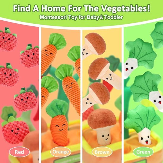 Baby Puzzel Speelgoed - Fruit En Groente Boerderij Pluisje Speelgoed Set - Sensorische Educatieve Speelgoed - Met Geluid - Baby Speelgoed Voor 6-12 Maanden (Groente) — afbeelding 5