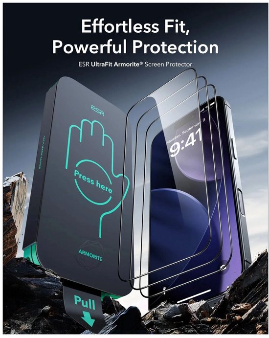 Installatieframe met "Press here"-icoon naast iPhones met meerdere schermprotectors, voor moeiteloze montage.