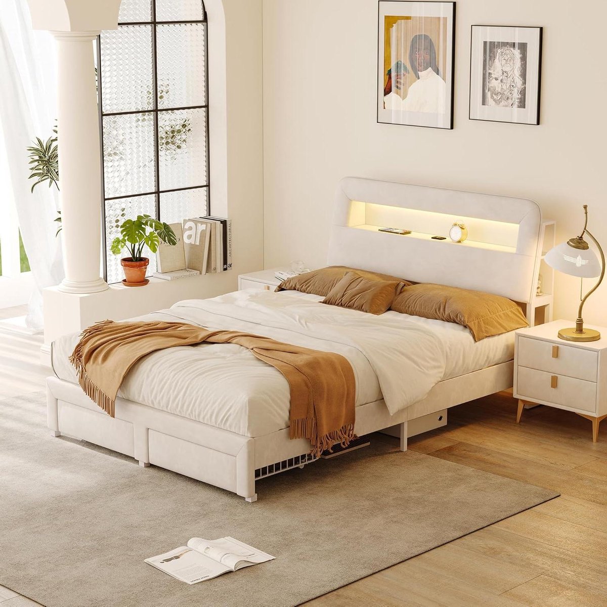 Tweepersoonsbed met opbergruimte - Velours bedframe - Ruimte besparen - Geïntegreerd LED en USB - 140 x 200 cm - Crèmewit