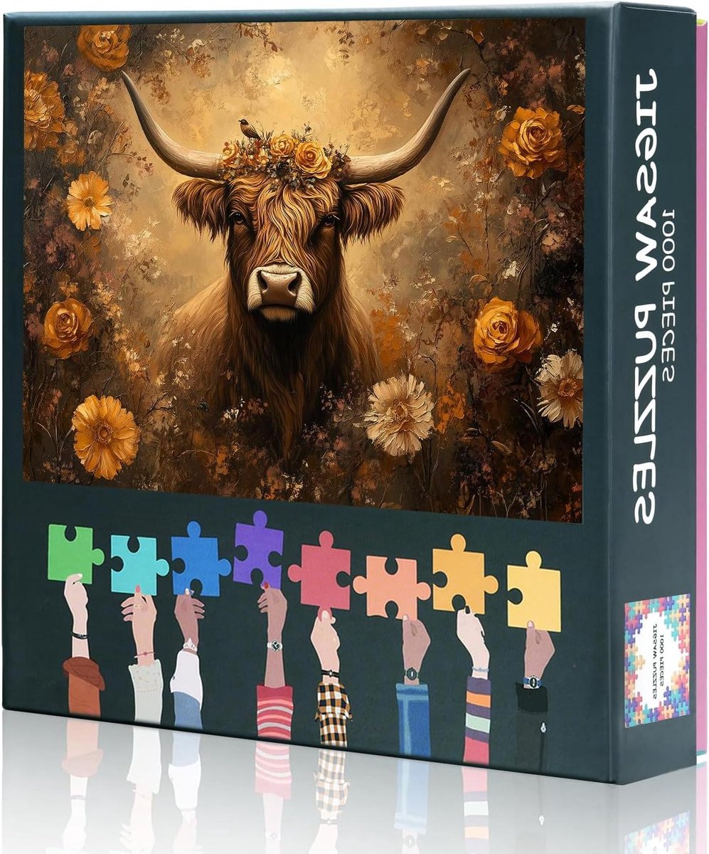 Dierenpuzzel 1000 stukjes - Volwassenen Legpuzzel - Ontspannende Hobby - Gedetailleerd Bloemenkunst - 70 x 50 cm - Hooglandkoe