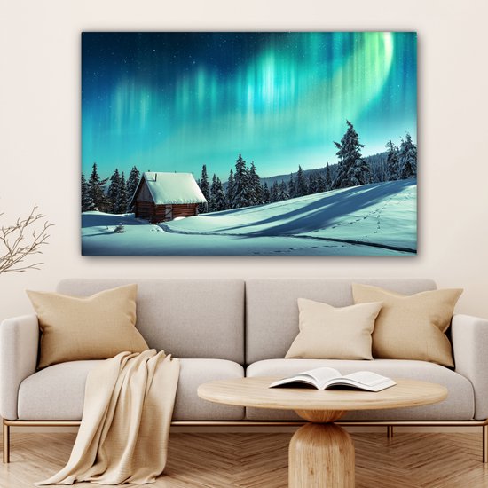 Tableau sur toile Aurores boréales - Neige - Maison - Hiver - 120x80 cm - Décoration murale